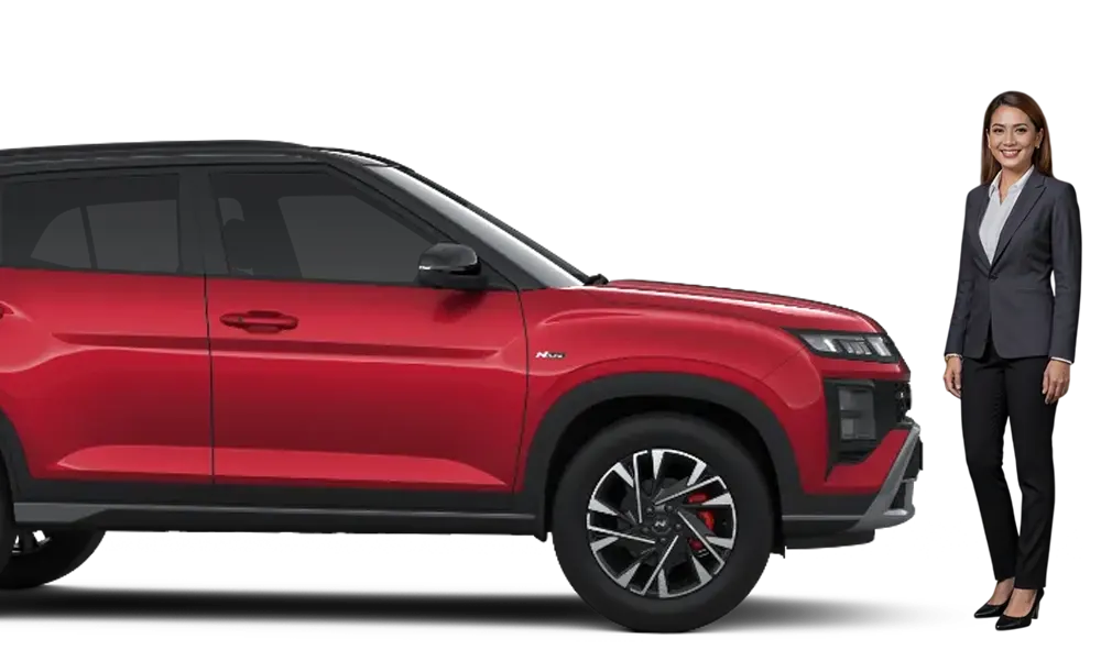 Perempuan Sales Mobil Dealer Hyundai Kebon Jeruk bersama Hyundai CRETA warna Merah