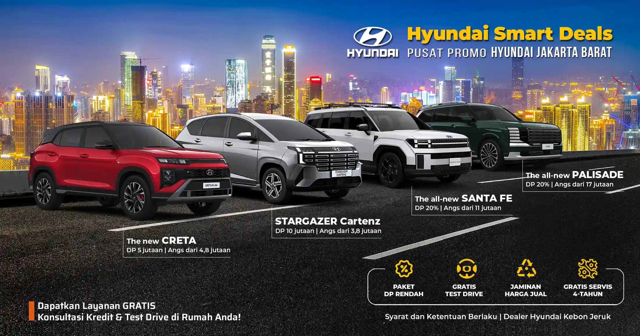 Banner Promo Hyundai Jakarta Barat Stargazer Cartenz, Creta, Santa Fe, dan Palisade dari Dealer Resmi Hyundai Kebon Jeruk